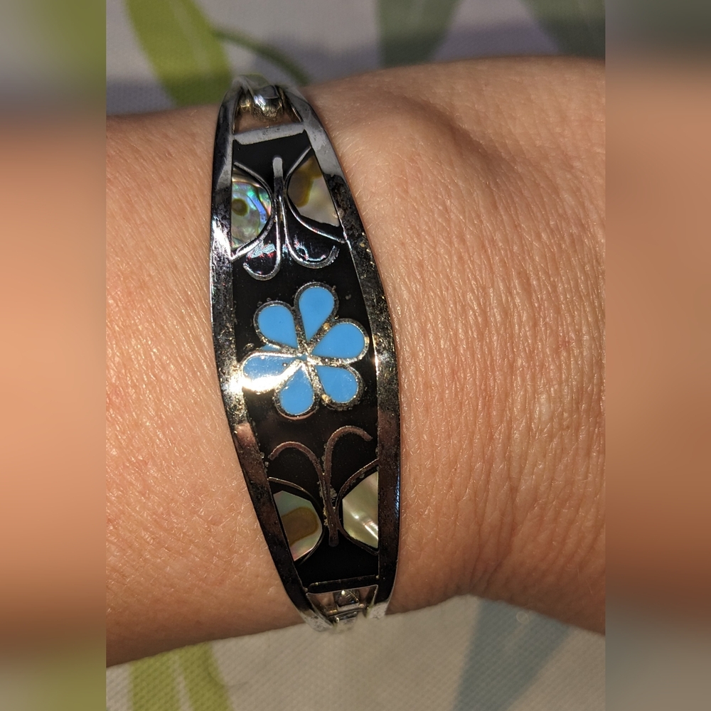 Taxco Mexico Silver, Abalone, & Enamel Hinged Bangle W/ Flower, Butterflies, 7"